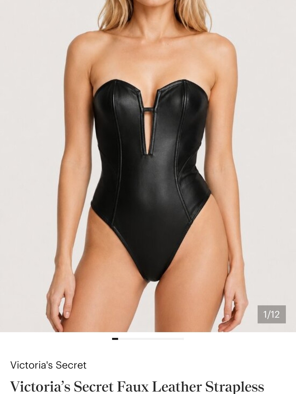 Victoria's Secret Black Strapless Faux Leather & Lace Bodysuit
